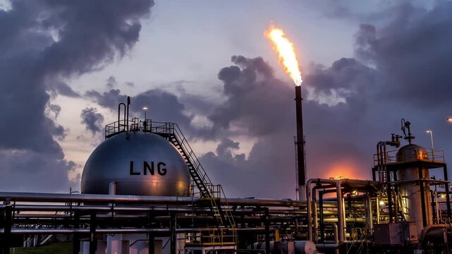 LNG facility with flare stack burning gas at dusk industrial landscape with cloudy sky