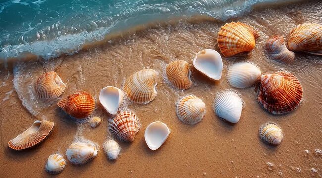 Assorted Seashells on Sandy Beach with Ocean Wave