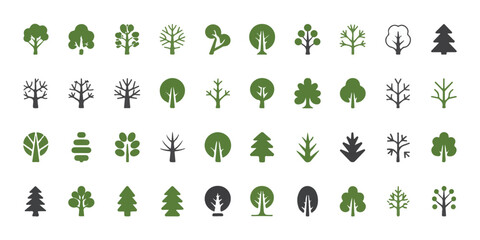 A collection of 36 minimalist tree icons in various styles and shades of green and black