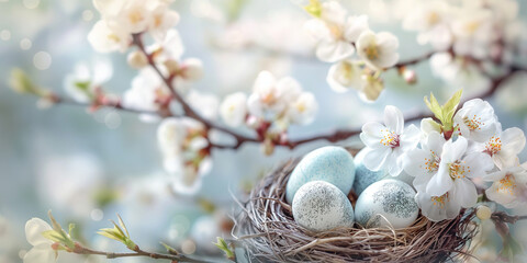 Kartka wielkanocna z gniazdem i jajkami, kwitnąca gałąź, miejsce na tekst, wiosenne tło