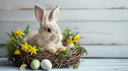 Wielkanocny zając w wielkanocnym wiosennym wieńcu. Kartka z miejscem na życzenia na wielkanoc