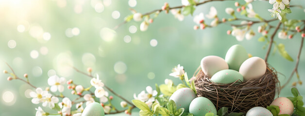 Kartka wielkanocna z gniazdem i jajkami, kwitnąca gałąź, miejsce na tekst, wiosenne tło