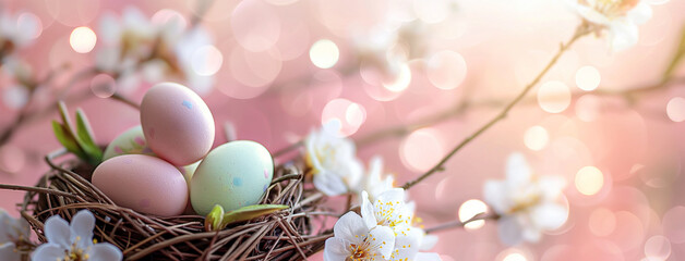 Kartka wielkanocna z gniazdem i jajkami, kwitnąca gałąź, miejsce na tekst, wiosenne tło