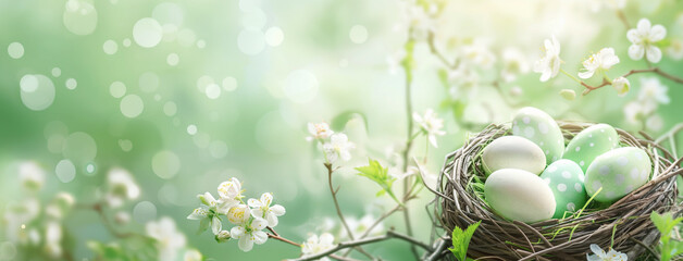Kartka wielkanocna z gniazdem i jajkami, kwitnąca gałąź, miejsce na tekst, wiosenne tło