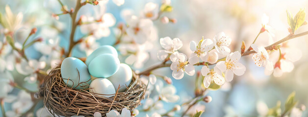 Kartka wielkanocna z gniazdem i jajkami, kwitnąca gałąź, miejsce na tekst, wiosenne tło
