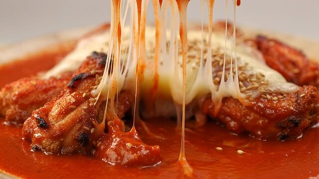 Delicious Dak Galbi, spicy stir fried chicken with cheese fondue dish