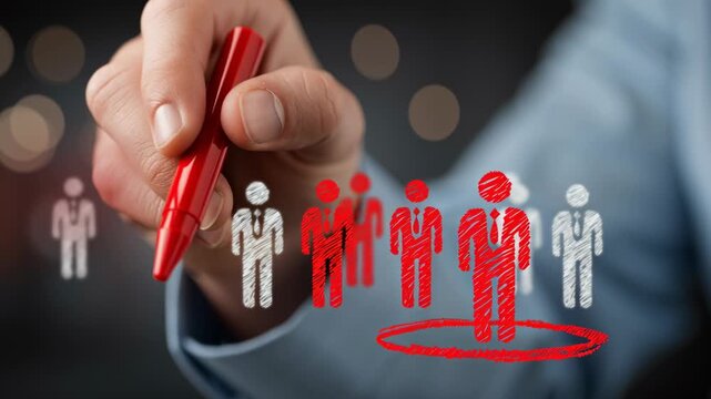 Hand of a business professional in a blue shirt circles a selected figure among several outlined individuals using a red marker, emphasizing the focus on a specific candidate in a recruitment context