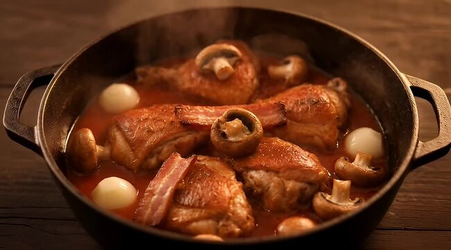 Delicious Coq au Vin Style Chicken and Mushroom Stew in Rustic Pan