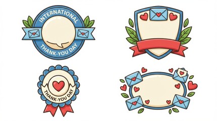 cartoon badge and emblem set template for international thank-you day illustration template featuring envelope and heart icons arranged around text area on pure white background isolated for easy use