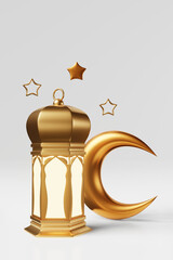 Ramadan islamic candle lantern glowing light crescent white background 3d rendering banner Eid al adha mubarak poster.