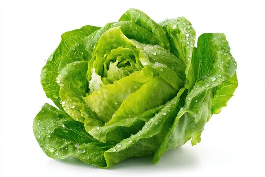 Fresh green leafy lettuce head glistening with water droplets