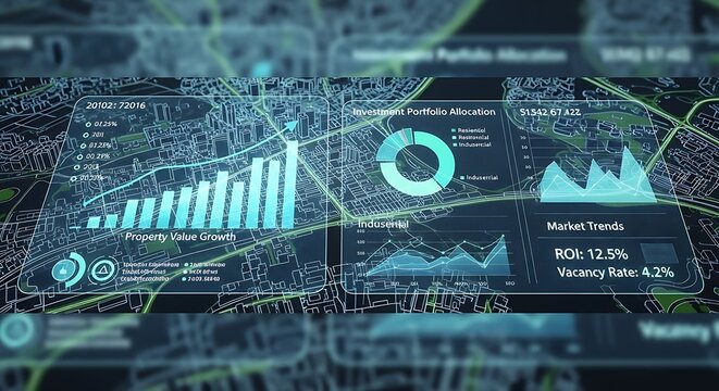 Digital interface visualizes comprehensive real estate market trends, property value growth, and investment portfolio data overlaid on a modern smart city map.