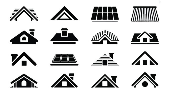 A collection of 16 black and white roof icons featuring various architectural designs and styles
