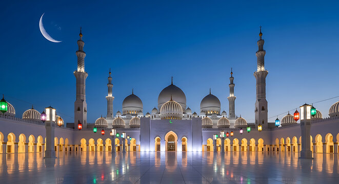  Illuminated courtyard of the sheikh zayed grand mosque at twilight