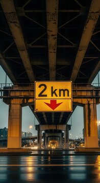 Architectural Perspective: Captivating Underview Of Illuminated Bridge Signage At Dusk On Road