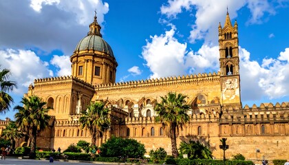Obraz premium Grand historical building, adorned with domes and intricate detailing. Towering architecture under a vibrant blue sky with fluffy clouds. Palm trees frame the structure