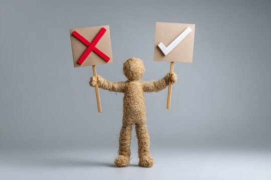 Crafted figure holding signs symbolizing fallacious arguments against a neutral gray backdrop.