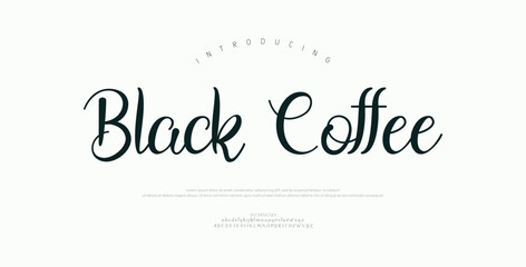Obraz premium Black Coffe, Elegant script alphabet letters font and number. Classic Lettering Minimal Fashion Designs. Typography modern serif fonts regular decorative vintage concept. vector illustration 