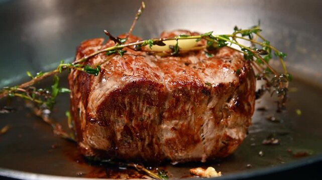 Beef steak searing in a pan with fresh thyme and garlic, showcasing the browning crust and rich juices, highlighting the cooking process in a kitchen setting