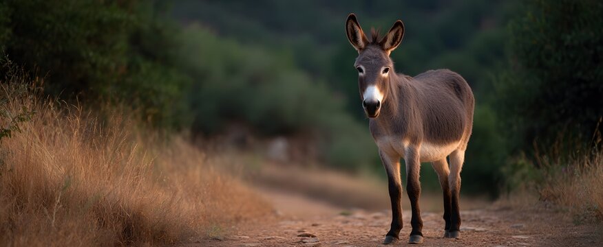 The burro chillin on a dusty trail outside in the open air