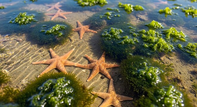 Coastal tide pool scene with vibrant orange starfish scattered among lush green seaweed and glistening wet sand, showcasing marine life and shallow water textures.