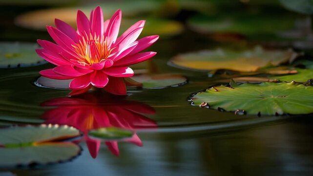 Vibrant pink water lily floating on calm water with reflection