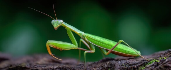 Naklejka premium The praying mantis in a focused alert patient hunting position poised to strike swiftly