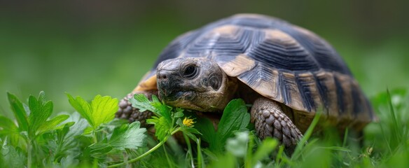 The tortoise munching on crisp vibrant grass outside in the open air