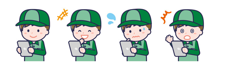 タブレットを使う「配達員」の男性