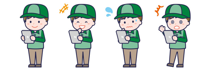 タブレットを使う「配達員」の男性