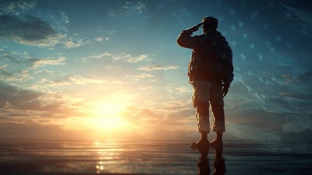 Soldier in military uniform salutes against a vibrant sunset backdrop, showcasing a silhouette with clouds and a hint of the American flag in the background
