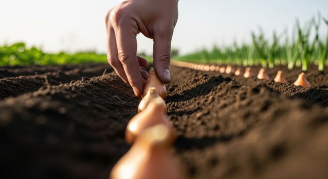 Hand placing onion bulbs in furrowed soil with established rows &mdash; precision planting, sustainable agriculture and rural livelihood for education and storytelling