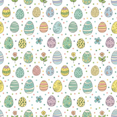 Colorful Easter Eggs Pattern with Floral Accents and Dots on White Background Viewed from Directly Above