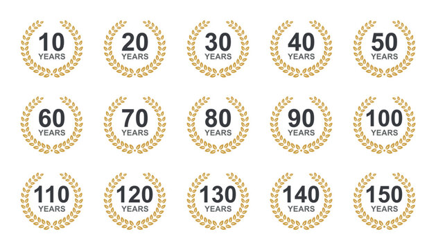 Anniversary laurel wreath. 10 to 150 years anniversary floral laurel wreath. Anniversary celebration template with laurel wreath. 10-150 years celebration label