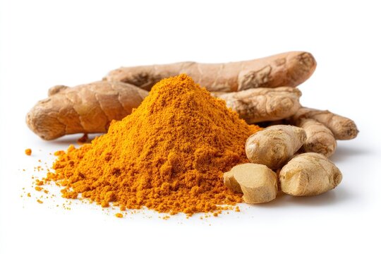 Fresh turmeric root and vibrant yellow powder on a bright white background