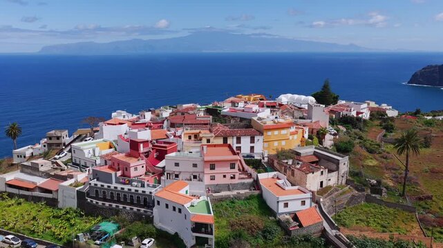 Aerial View of Agulo Village with Tenerife Island in Background La Gomera
