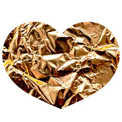 Golden crumpled foil heart shape isolated on white background