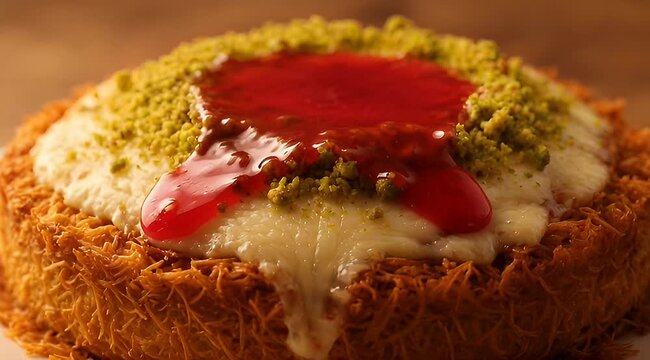 Delicious Kanafeh Dessert with Melted Cheese, Pistachios, and Red Syrup