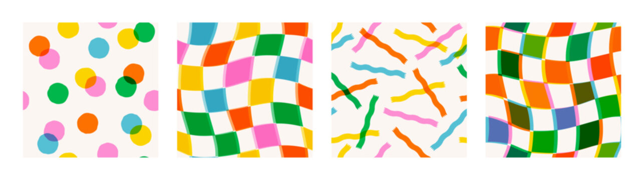 Seamless patterns with colorful dot, wavy checker and steamers confetti in retro abstract style. Dot and checker seamless pattern with bright overlapping colors. Drag to swatches panel to use.