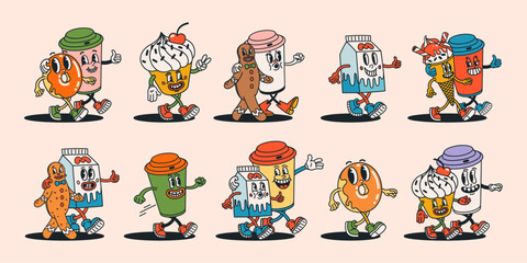 Fototapeta premium Retro food and drink characters in groovy style. Cartoon donuts, cupcakes, coffee cups, milk, gingerbread and ice cream walking in pairs. Fun vector illustration for stickers, branding and designs.