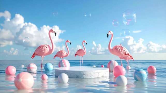 Pink flamingos standing in ocean water surrounding white stone podium with colorful beach balls and floating bubbles