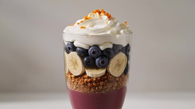 Delicious layered parfait with mixed berries, banana, granola and cream
