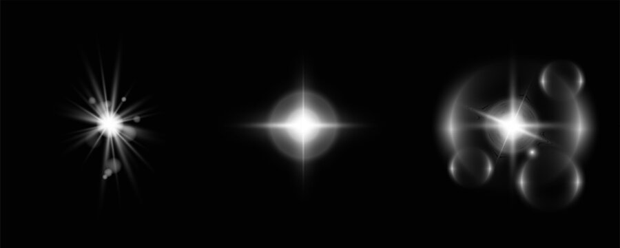 White Light Burst and Lens Flare Effects Set with Star Glow and Bokeh Highlights on Black Background