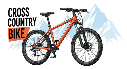 Obraz premium Dynamic illustration of a modern orange cross-country mountain bike ready for adventure with a stylized mountain range behind it.
