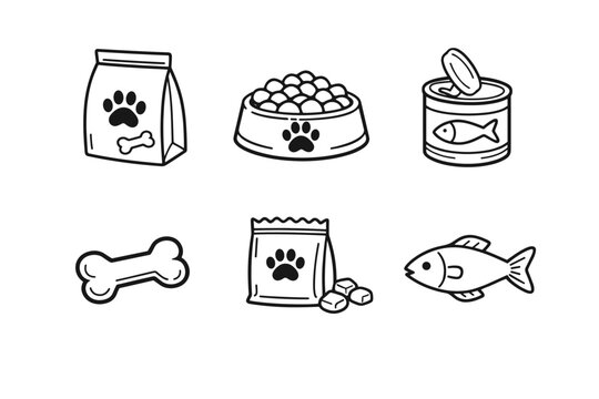 Pet food icons: kibble, cans, fish, and bone illustrations in black and white