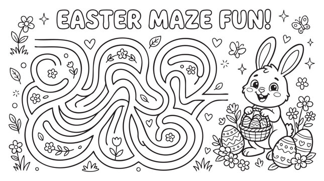 Easter Bunny with Basket of Eggs and Spring Flowers Coloring Page