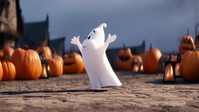 Cartoon ghost character with pumpkins outdoors for halloween celebration