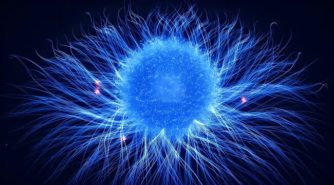 Striking blue abstract digital illustration of a microbe with extending tendrils