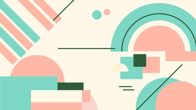 アシンメトリー幾何学背景(ミント&times;ピーチ)：北欧テイストの円弧・ライン・ストライプを組み合わせた、ポップでおしゃれな抽象デザイン。カフェブランドのビジュアル、雑貨デザイン、お菓子パッケージ、ポスター、デザインペーパーなど幅広い用途に使える、パケ買いを誘うトレンド感のあるグラフィック素材。
