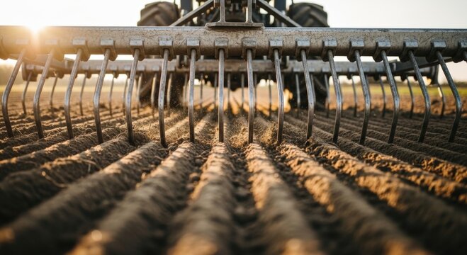 Low-angle view of cultivator tilling soil at sunset &mdash; mechanized farming, land preparation and sustainable agriculture for agribusiness and educational content.